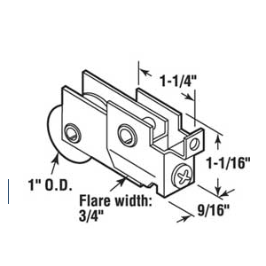 Sliding Glass Patio Door Roller Assembly 3/4" Flare Width - 1" Steel